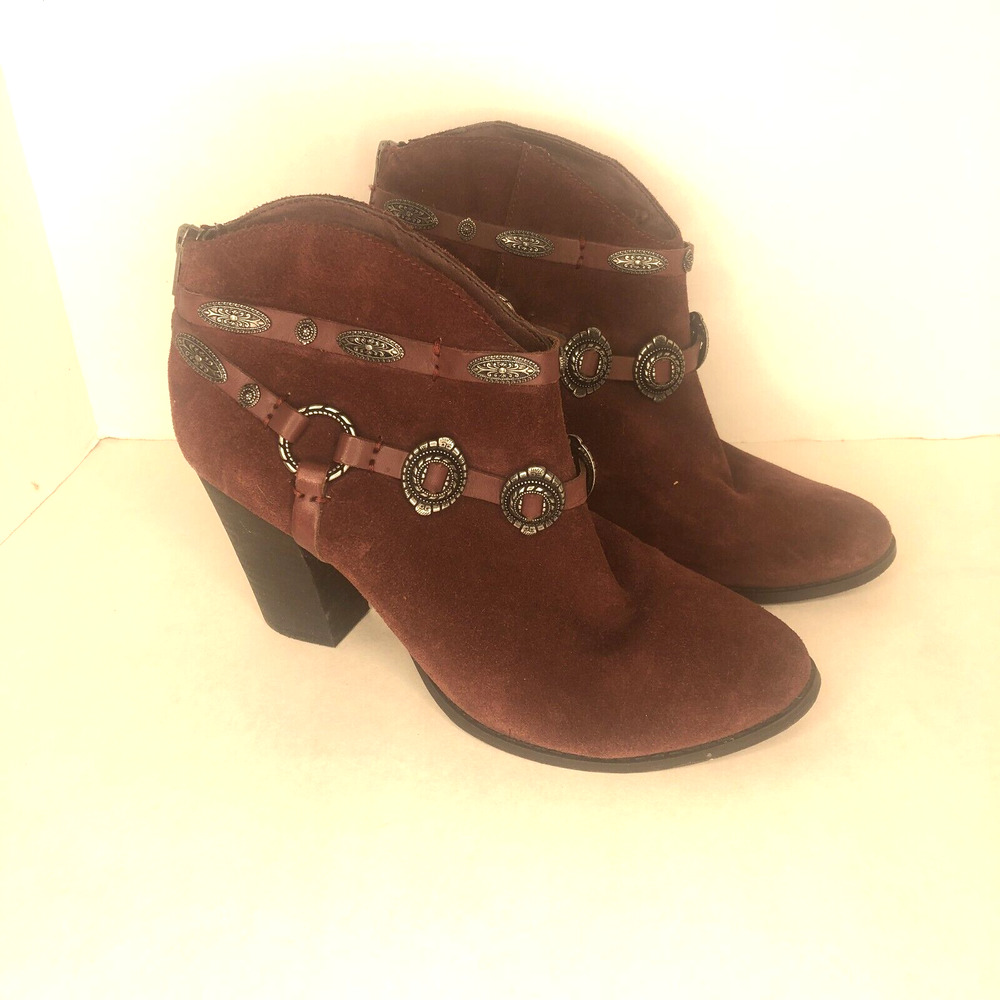 Reba Zabrina Lady 9.5 Burgundy Suede Concho Western Ankle Boots Bootie Heel Zip